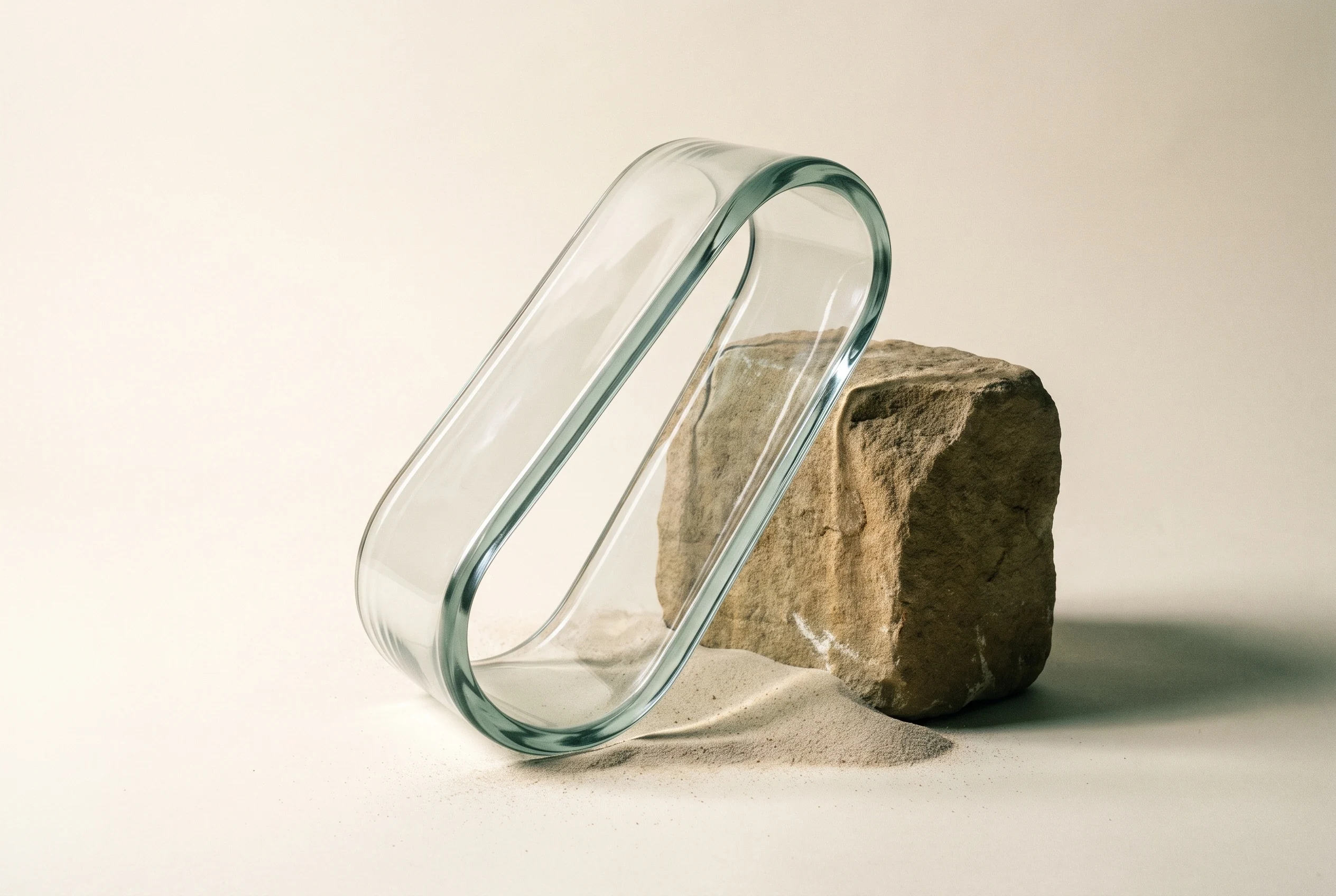 A clear glass loop resting against textured sandstone, bringing natural material and precise form together.