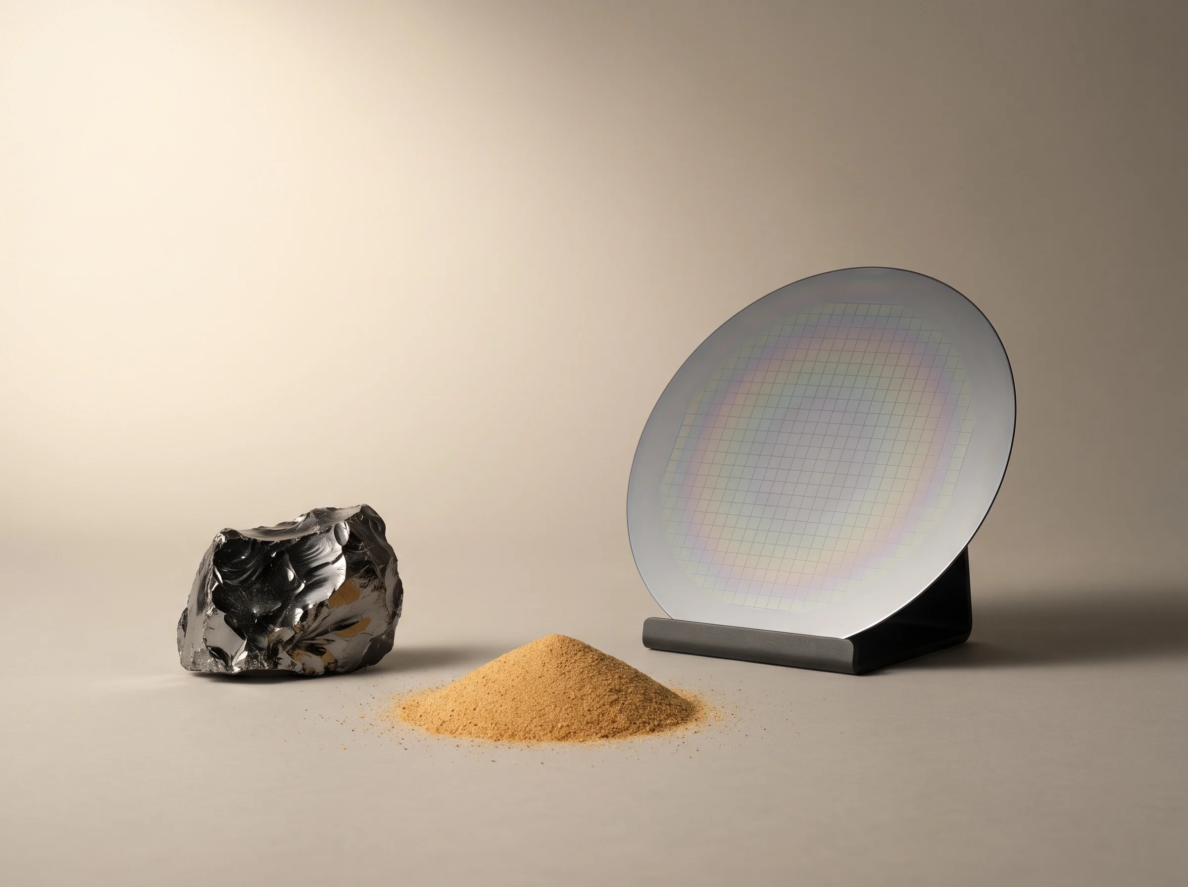 A silicon wafer with subtle iridescent reflections beside dark silicon-like material and sand. Conceptual artwork.